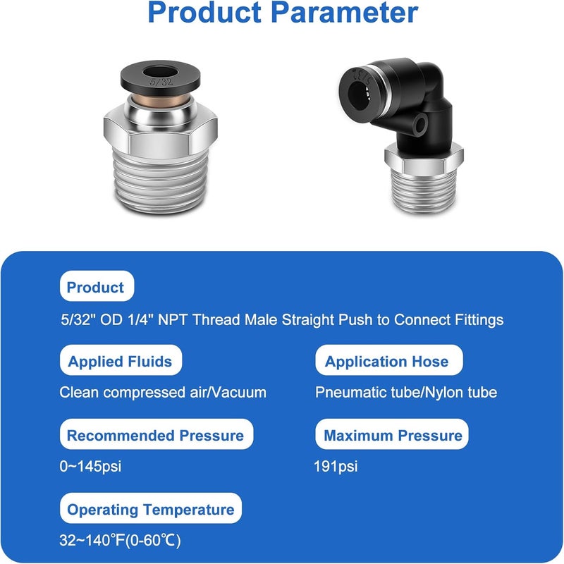 cnaodun 12 Pcs Push to Connect Fittings 5/32 Inch Tube OD x 1/4 Inch NPT Thread Pneumatic Male Straight and Elbow Quick Connect Air line fittings - Image 2
